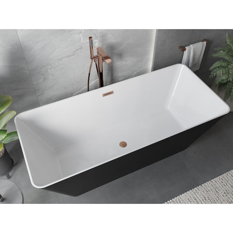 Mexen Velo Slim freistehende Badewanne 170 x 75 cm, weiß/schwarz, Überlauf gebürstetes Kupfer - 52811707575-65
