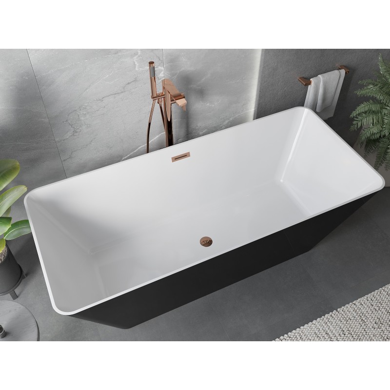 Mexen Velo Slim freistehende Wanne 170 x 75 cm, weiß/schwarz, Überlauf Roségold - 52811707575-60