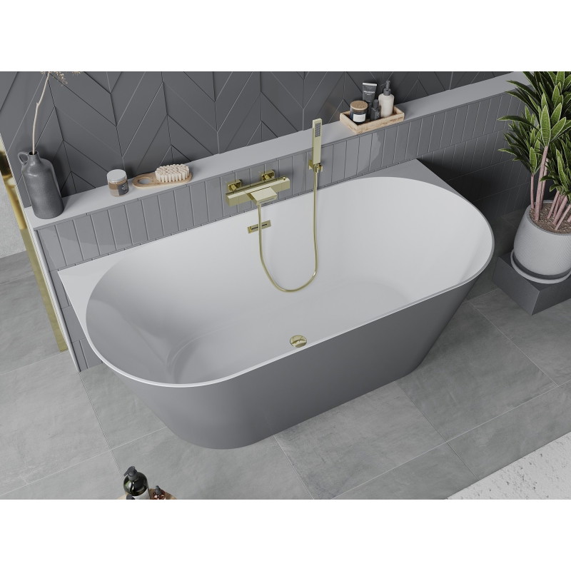 Mexen Oval Slim freistehende, halbeingebaute Badewanne 170 x 80 cm, weiß/grau, Überlauf gold - 52661708062-50