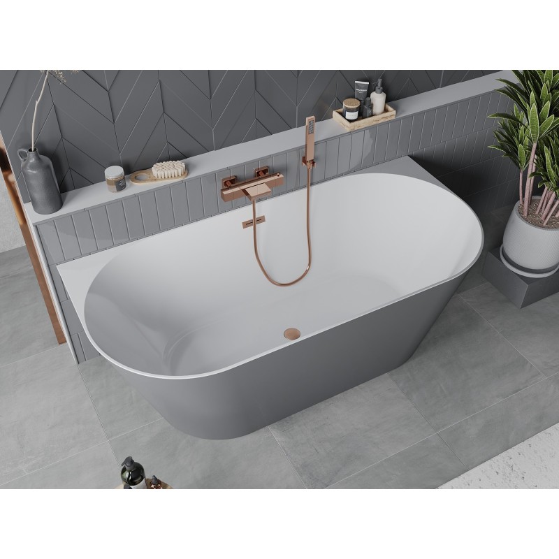 Mexen Oval Slim freistehende Wandbadewanne 170 x 80 cm, weiß/grau, Überlauf gebürstetes Kupfer - 52661708062-65