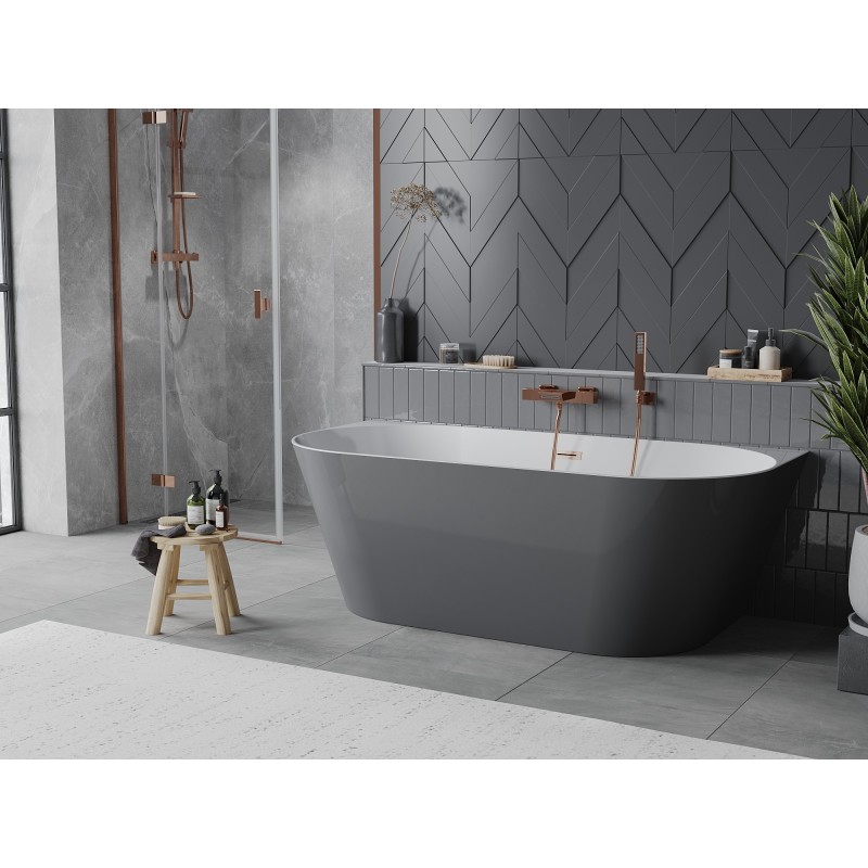 Mexen Oval Slim freistehende Wandbadewanne 170 x 80 cm, weiß/grau, Überlauf gebürstetes Kupfer - 52661708062-65