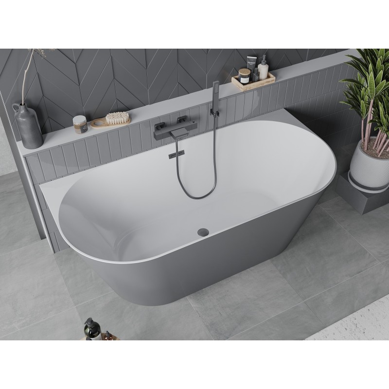 Mexen Oval Slim Freistehende Wandbadewanne 170 x 80 cm, weiß/grau, Überlauf gun gray gebürstet - 52661708062-66