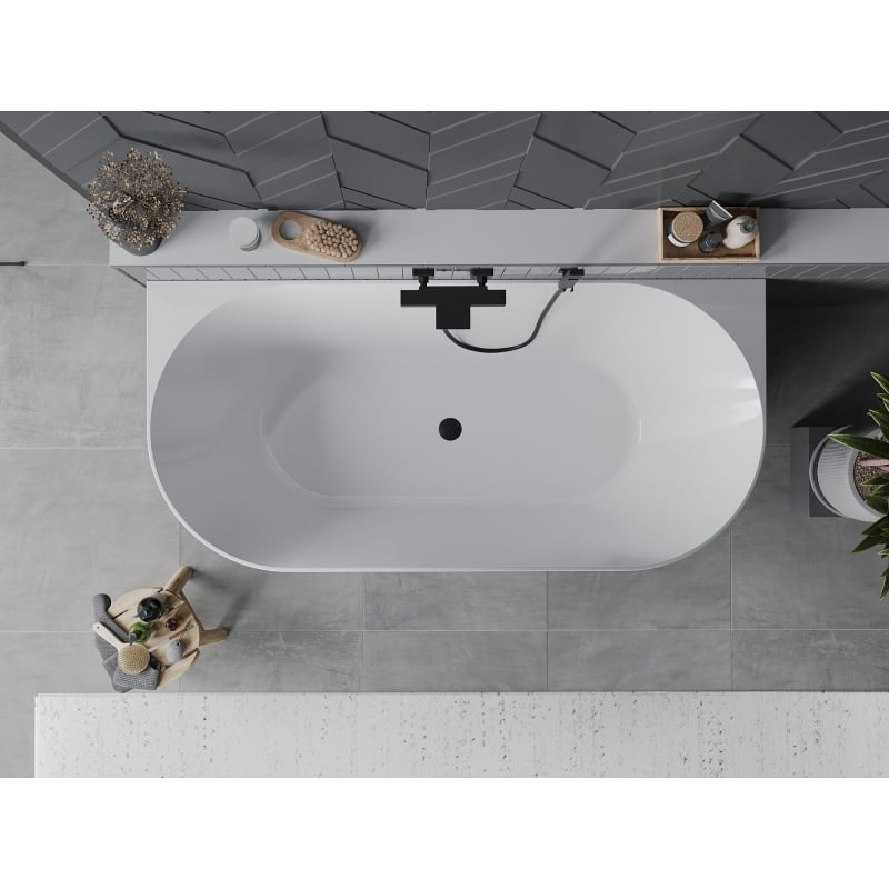 Mexen Oval Slim freistehende wandnahe Badewanne 170 x 80 cm, weiß/grau, schwarzer Überlauf - 52661708062-70