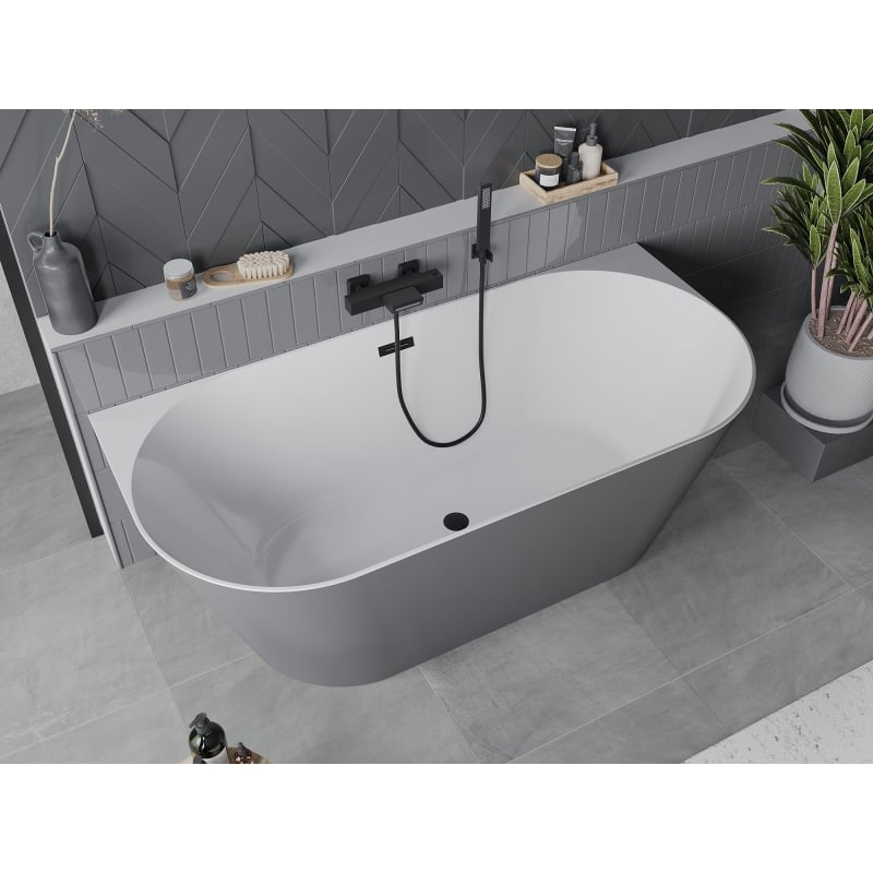 Mexen Oval Slim freistehende wandnahe Badewanne 170 x 80 cm, weiß/grau, schwarzer Überlauf - 52661708062-70