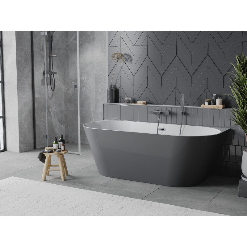 Mexen Oval Slim freistehende Wanne an der Wand 170 x 80 cm, weiß/grau, Überlauf in Gun Metal - 52661708062-95