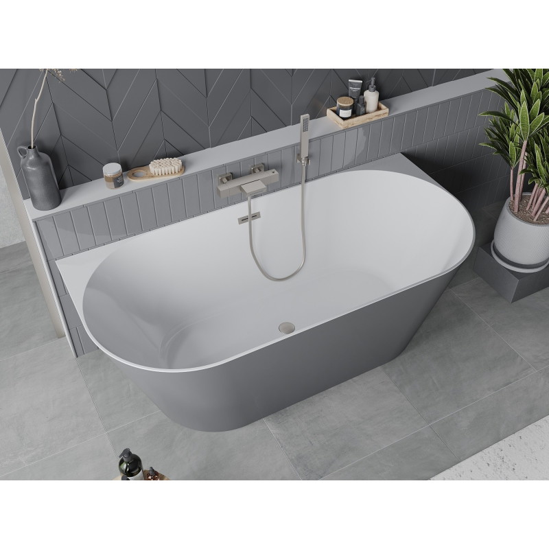 Mexen Oval Slim freistehende Wandwanne 170 x 80 cm, weiß/grau, Überlauf gebürsteter Nickel - 52661708062-97
