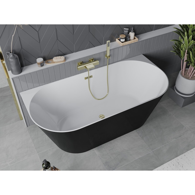 Mexen Oval Slim freistehende Wandbadewanne 170 x 80 cm, weiß/schwarz, Überlauf gold - 52661708075-50