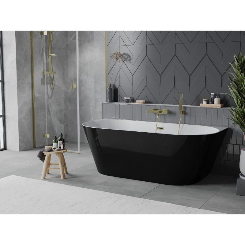 Mexen Oval Slim freistehende Wandbadewanne 170 x 80 cm, weiß/schwarz, Überlauf gold - 52661708075-50