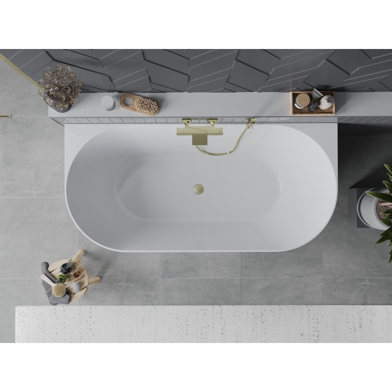 Mexen Oval Slim freistehende Wandbadewanne 170 x 80 cm, weiß/schwarz, Überlauf gebürstet gold - 52661708075-55