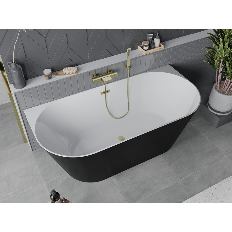 Mexen Oval Slim freistehende Wandbadewanne 170 x 80 cm, weiß/schwarz, Überlauf gebürstet gold - 52661708075-55