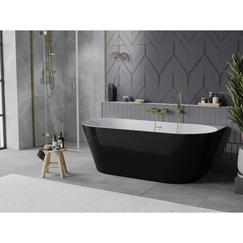 Mexen Oval Slim freistehende Wandbadewanne 170 x 80 cm, weiß/schwarz, Überlauf gebürstet gold - 52661708075-55