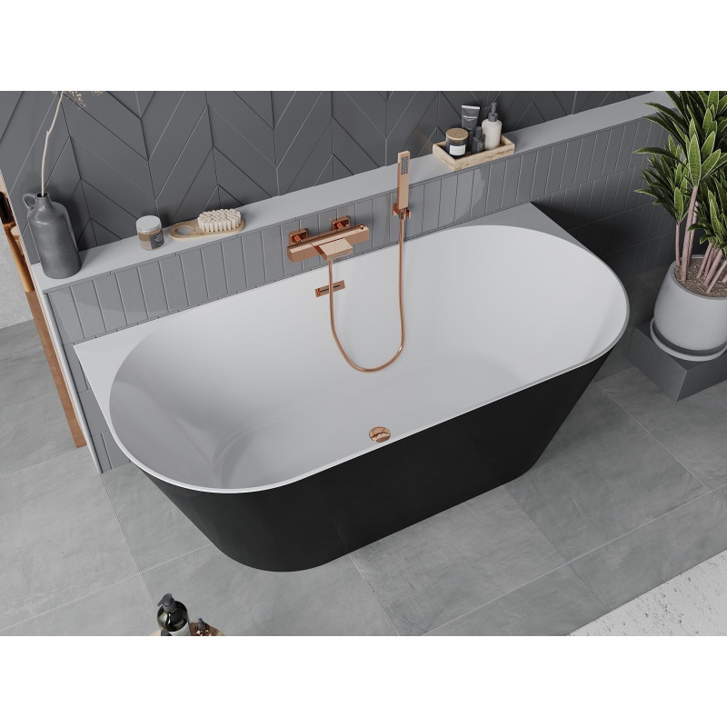Mexen Oval Slim freistehende Wandbadewanne 170 x 80 cm, weiß/schwarz, Überlauf Roségold - 52661708075-60