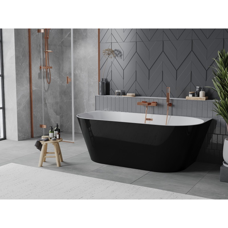 Mexen Oval Slim freistehende Wandbadewanne 170 x 80 cm, weiß/schwarz, Überlauf Roségold - 52661708075-60