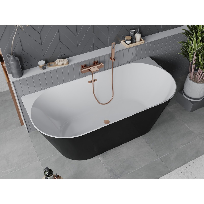 Mexen Oval Slim freistehende Vorwand-Badewanne 170 x 80 cm, weiß/schwarz, Überlauf gebürstetes Kupfer - 52661708075-65