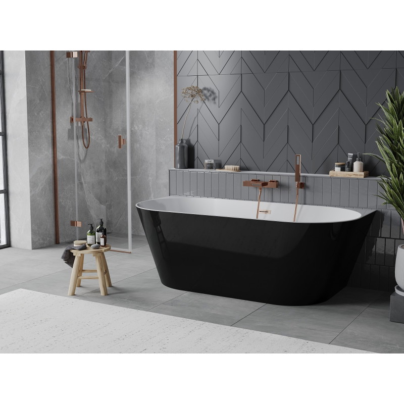 Mexen Oval Slim freistehende Vorwand-Badewanne 170 x 80 cm, weiß/schwarz, Überlauf gebürstetes Kupfer - 52661708075-65