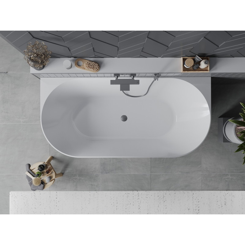 Mexen Oval Slim freistehende an die Wand montierte Badewanne 170 x 80 cm, weiß/schwarz, Überlauf gun gray gebürstet