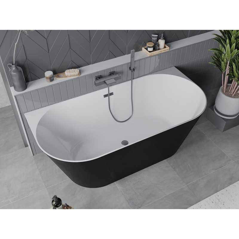 Mexen Oval Slim freistehende an die Wand montierte Badewanne 170 x 80 cm, weiß/schwarz, Überlauf gun gray gebürstet