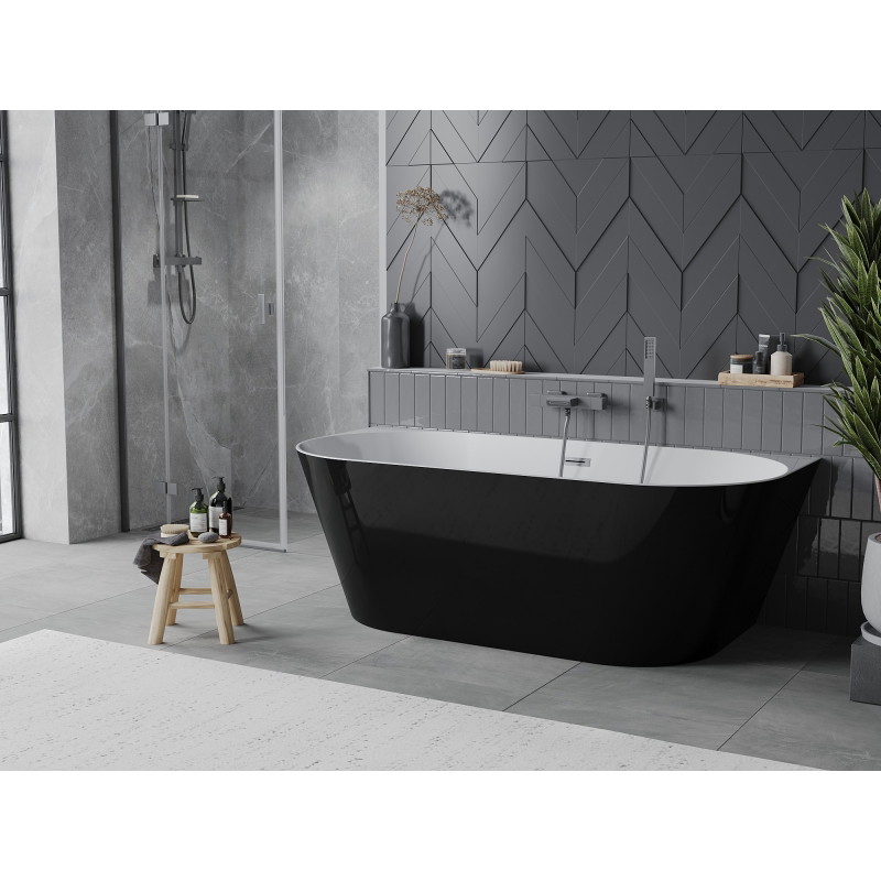 Mexen Oval Slim freistehende an die Wand montierte Badewanne 170 x 80 cm, weiß/schwarz, Überlauf gun gray gebürstet