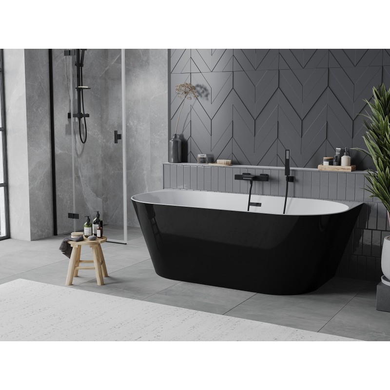 Mexen Oval Slim freistehende Wandwanne 170 x 80 cm, weiß/schwarz, schwarzer Überlauf - 52661708075-70