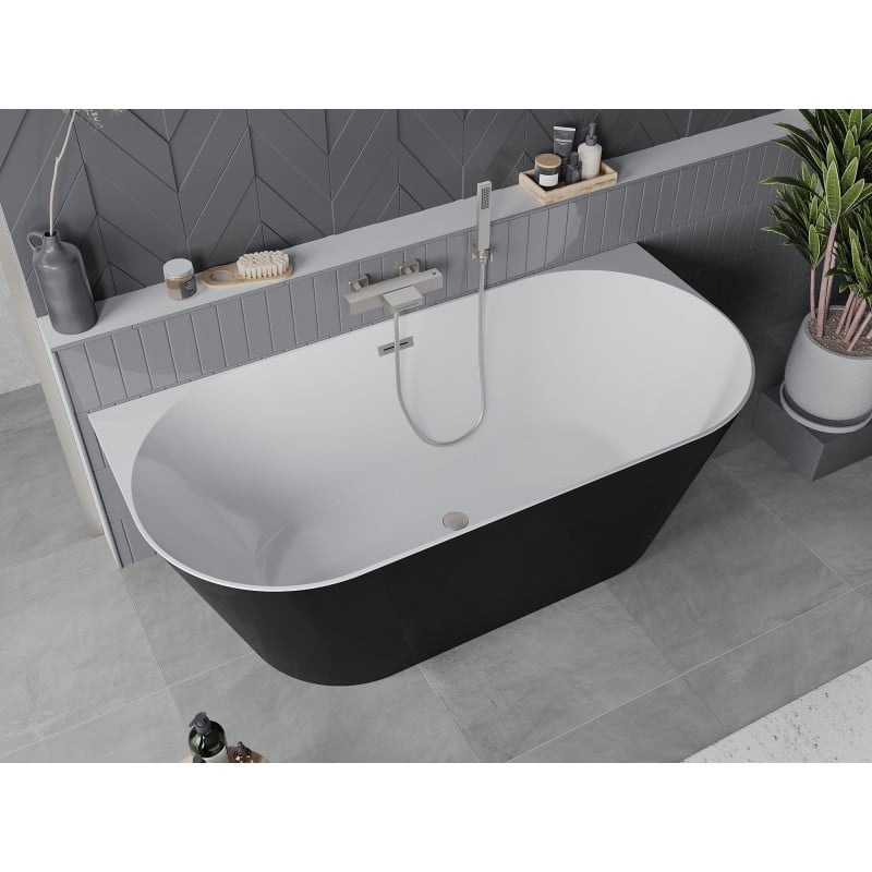 Mexen Oval Slim freistehende wandnahe Badewanne 170 x 80 cm, weiß/schwarz, Überlauf gebürstetes Nickel - 52661708075-97