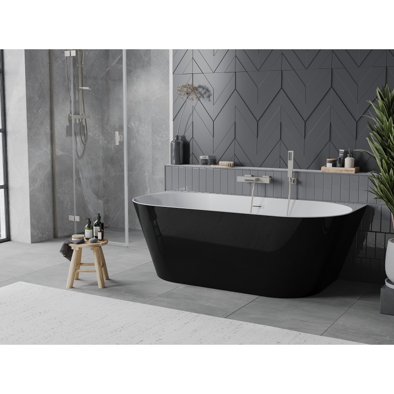 Mexen Oval Slim freistehende wandnahe Badewanne 170 x 80 cm, weiß/schwarz, Überlauf gebürstetes Nickel - 52661708075-97