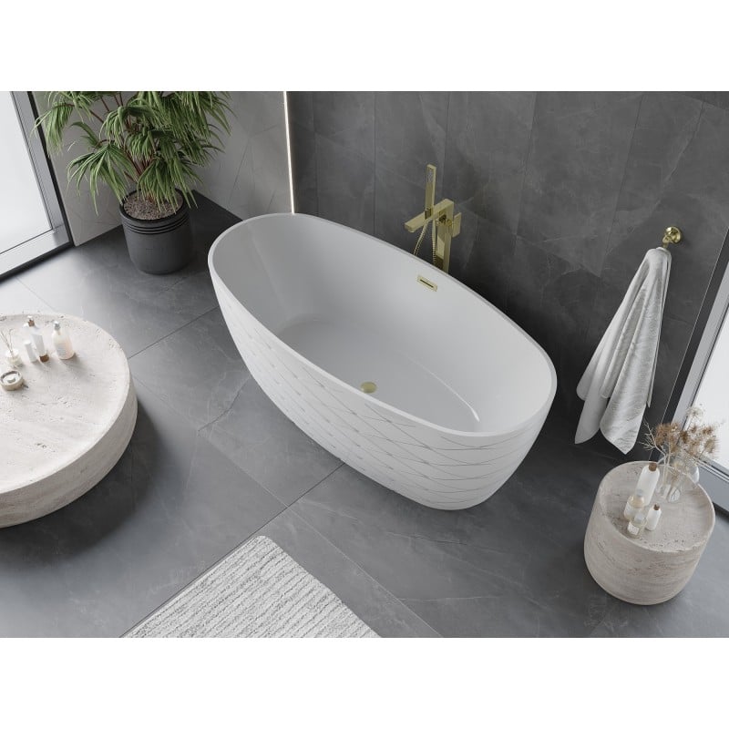 Mexen Olea freistehende Badewanne Muster 170 x 80 cm, weiß, Überlauf gebürstetes Gold - 52821708000-55