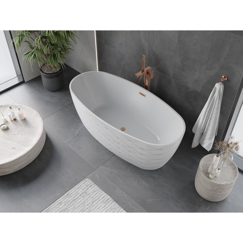 Mexen Olea freistehende Badewanne Muster 170 x 80 cm, weiß, Überlauf gebürstetes Kupfer - 52821708000-65