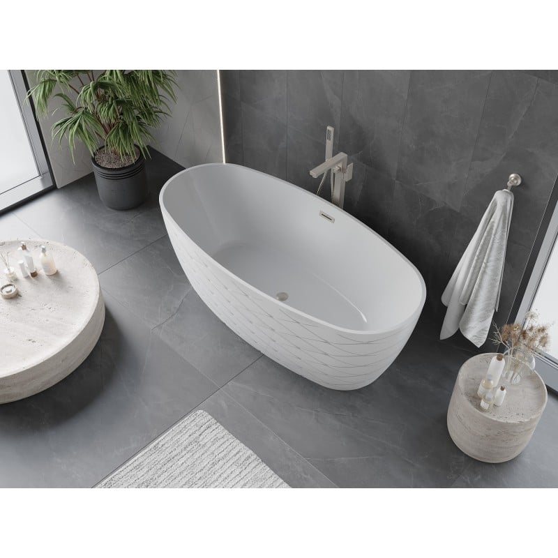 Mexen Olea freistehende Badewanne Muster 170 x 80 cm, weiß, Überlauf gebürstetes Nickel - 52821708000-97