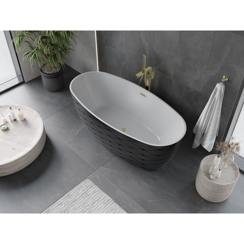 Mexen Olea freistehende Badewanne Muster 170 x 80 cm, weiß/schwarz, Überlauf gold gebürstet - 52821708075-55