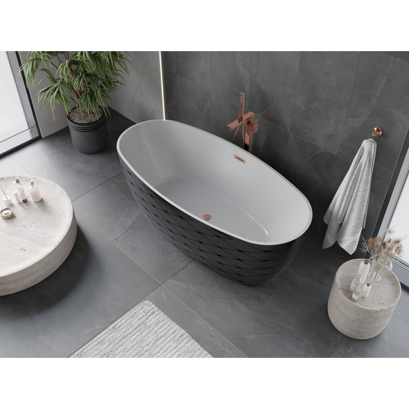 Mexen Olea freistehende Badewanne Muster 170 x 80 cm, weiß/schwarz, Überlauf gebürstetes Kupfer - 52821708075-65