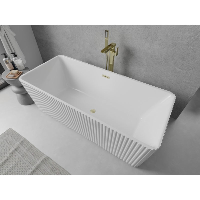 Mexen Nila freistehende gerillte Badewanne 170 x 75 cm, weiß, Überlauf gebürstet gold - 52841708000-55