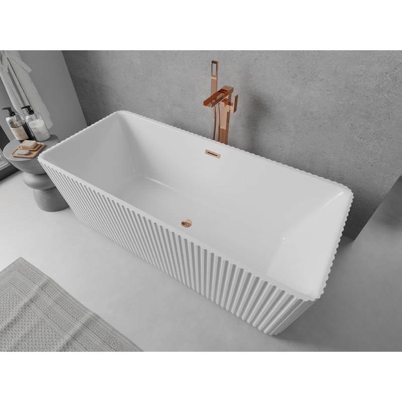 Mexen Nila freistehende geriffelte Badewanne 170 x 75 cm, weiß, Überlauf Roségold - 52841708000-60