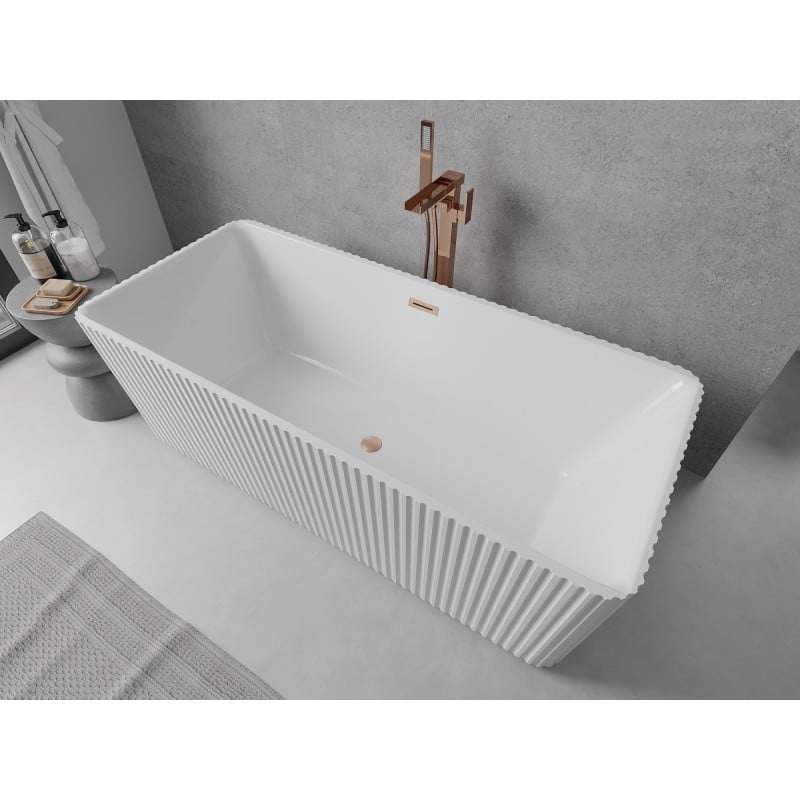 Mexen Nila freistehende gerillte Badewanne 170 x 75 cm, weiß, Überlauf gebürstetes Kupfer - 52841708000-65