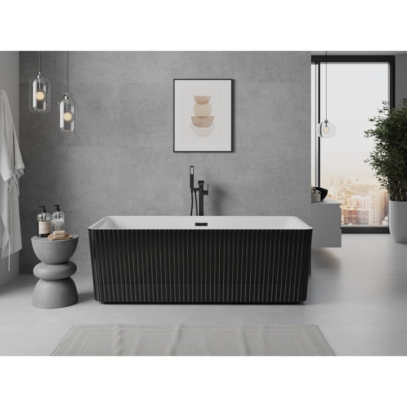 Mexen Nila freistehende Rillenbadewanne 170 x 75 cm, weiß/schwarz, schwarzer Überlauf - 52841708075-70