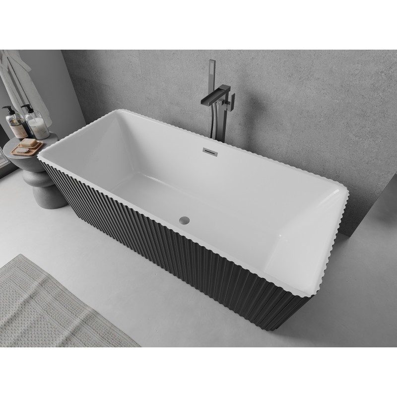 Mexen Nila freistehende, geriffelte Badewanne 170 x 75 cm, weiß/schwarz, Überlauf Gun Metal - 52841708075-95