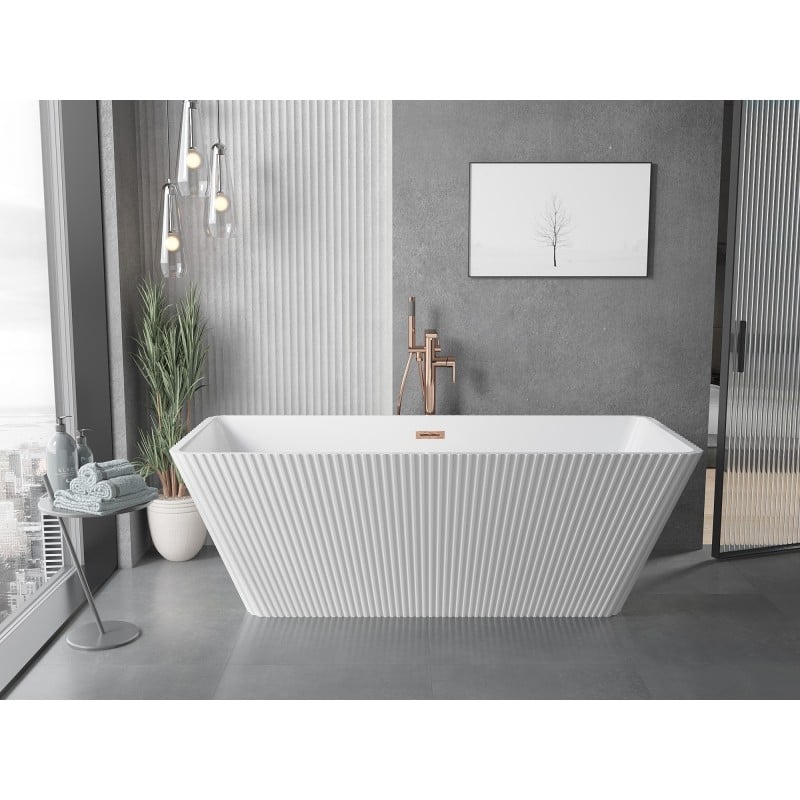 Mexen Tava freistehende geriffelte Badewanne 170 x 75 cm, weiß, Überlauf gebürstetes Kupfer - 52851707500-65
