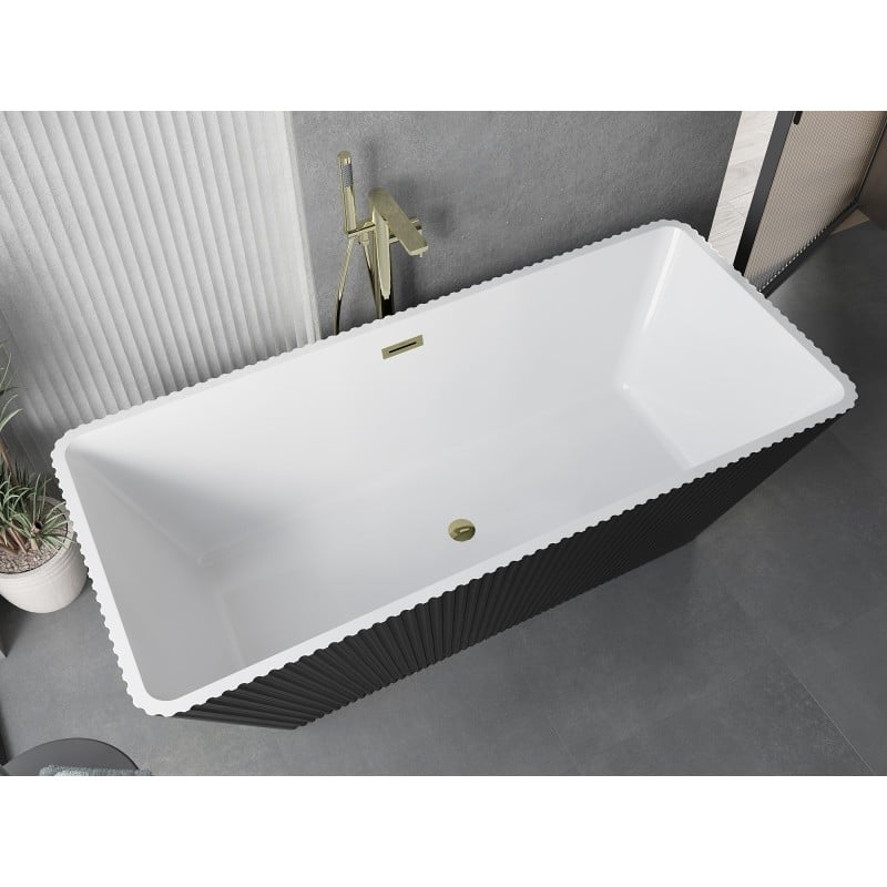 Mexen Tava freistehende geriffelte Badewanne 170 x 75 cm, weiß/schwarz, mit goldener Überlauf - 52851707575-50