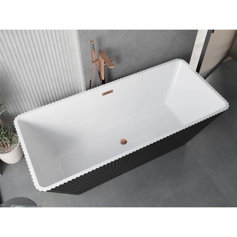 Mexen Tava freistehende, geriffelte Badewanne 170 x 75 cm, weiß/schwarz, Überlauf roségold - 52851707575-60