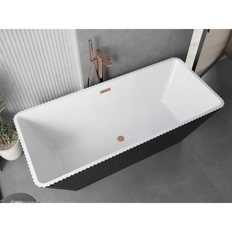 Mexen Tava freistehende Riffelbadewanne 170 x 75 cm, weiß/schwarz, Überlauf gebürstetes Kupfer - 52851707575-65