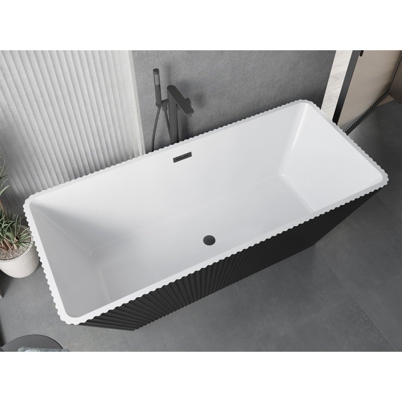 Mexen Tava freistehende, gerillte Badewanne 170 x 75 cm, weiß/schwarz, Überlauf schwarz - 52851707575-70