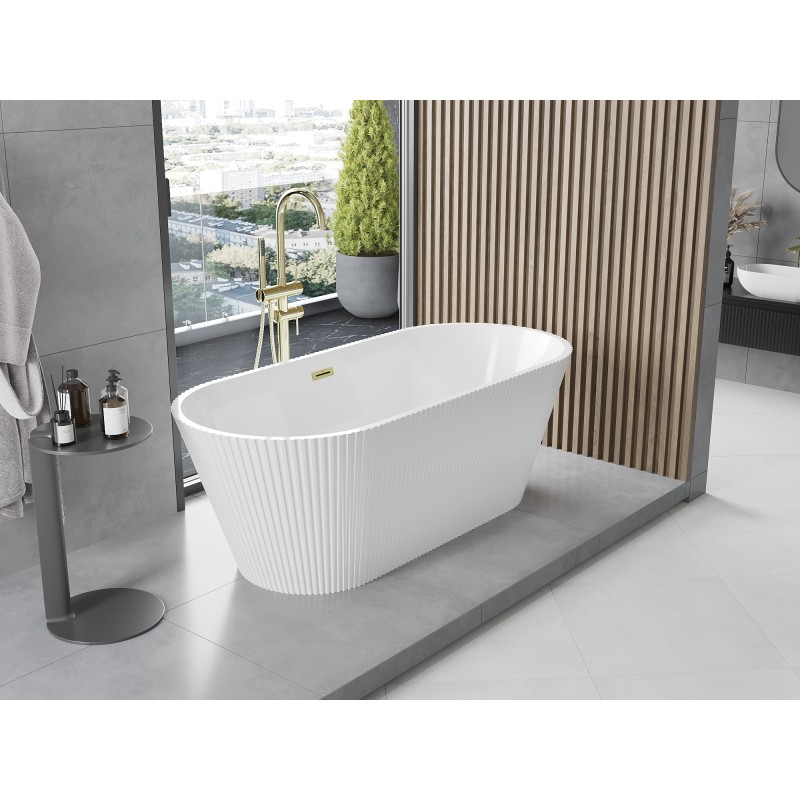 Mexen Yara freistehende geriffelte Badewanne 170 x 75 cm, weiß, Überlauf gold - 52861707500-50