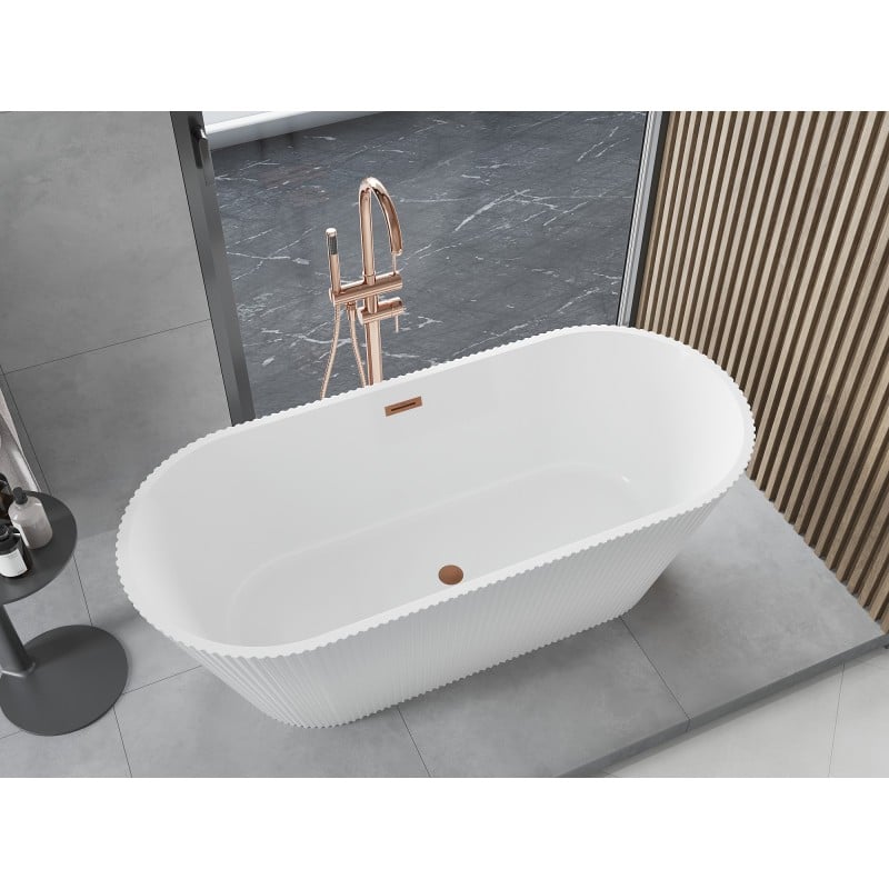 Mexen Yara freistehende geriffelte Badewanne 170 x 75 cm, weiß, Überlauf gebürstetes Kupfer - 52861707500-65