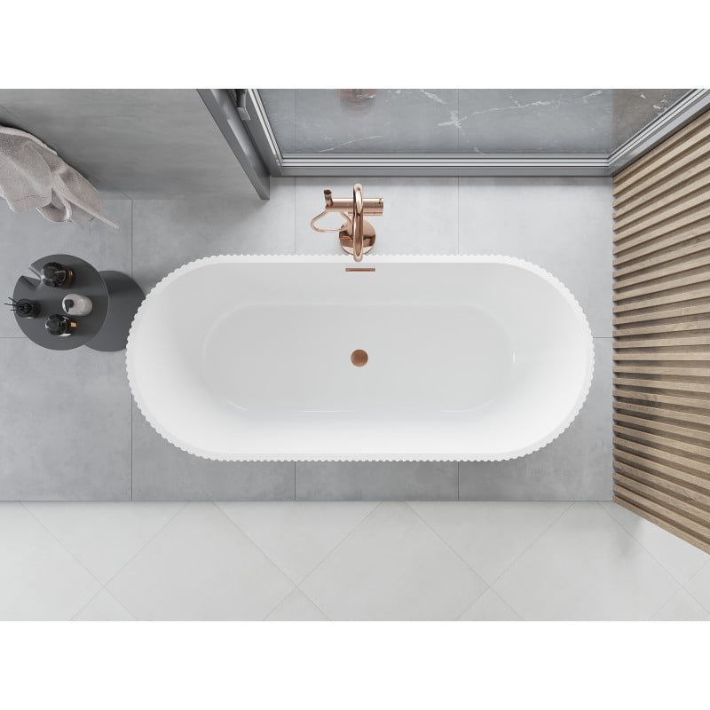 Mexen Yara freistehende geriffelte Badewanne 170 x 75 cm, weiß, Überlauf gebürstetes Kupfer - 52861707500-65