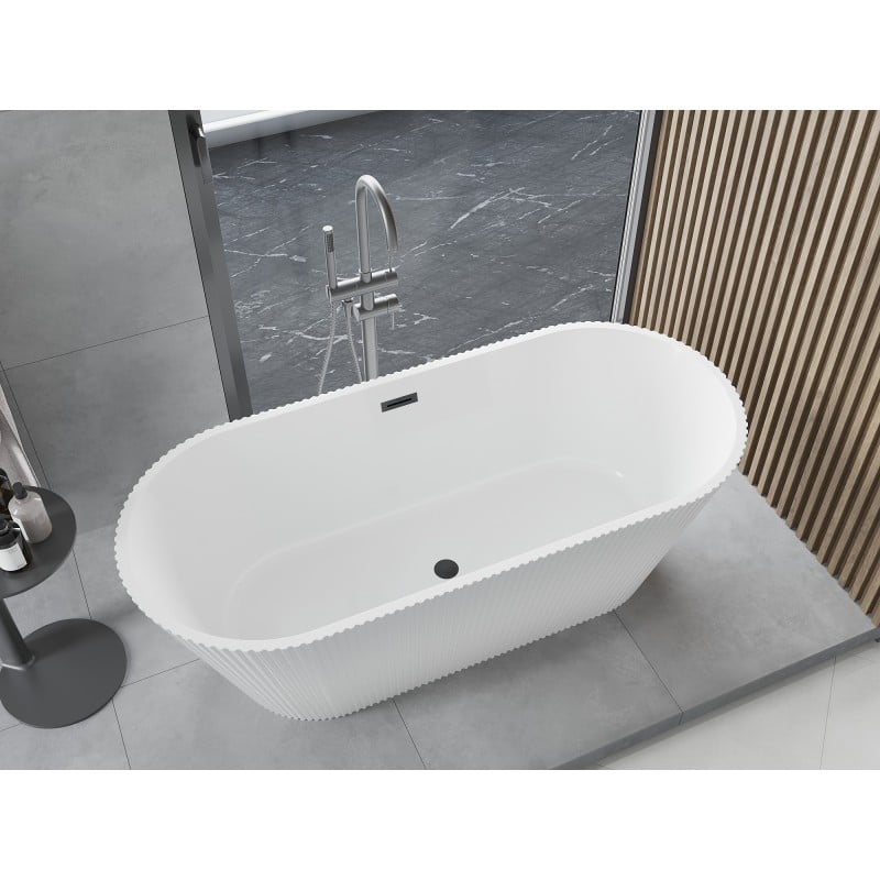 Mexen Yara freistehende, geriffelte Badewanne 170 x 75 cm, weiß, Überlauf gun gray gebürstet - 52861707500-66