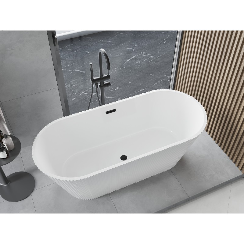 Mexen Yara freistehende geriffelte Badewanne 170 x 75 cm, weiß, schwarze Überlauf - 52861707500-70