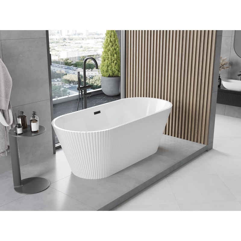Mexen Yara freistehende geriffelte Badewanne 170 x 75 cm, weiß, schwarze Überlauf - 52861707500-70