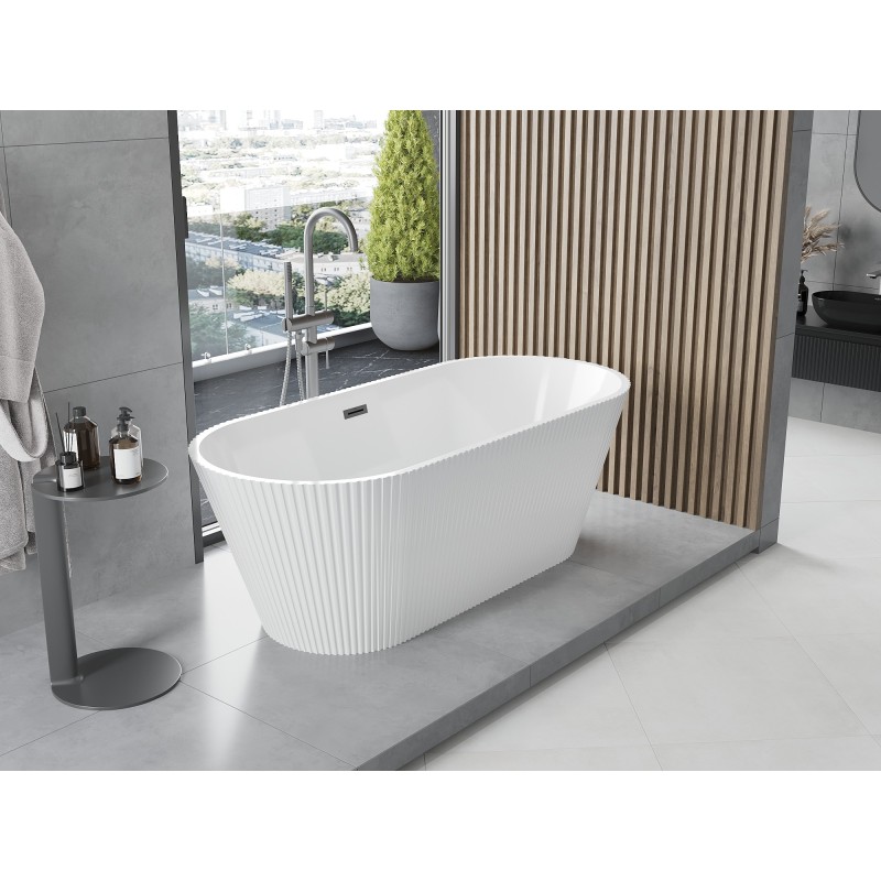 Mexen Yara freistehende gerippte Badewanne 170 x 75 cm, weiß, Überlauf Gun Metal - 52861707500-95