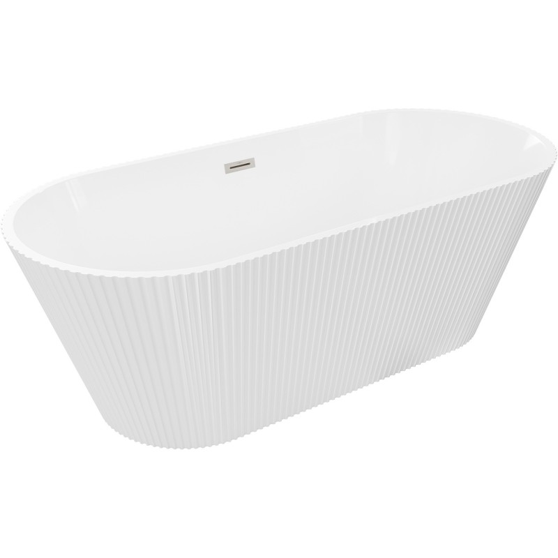 Mexen Yara freistehende, geriffelte Badewanne 170 x 75 cm, weiß, Überlauf gebürstetes Nickel - 52861707500-97