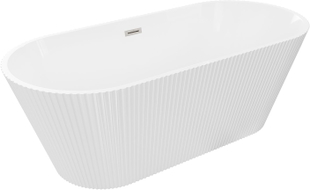 Mexen Yara freistehende, geriffelte Badewanne 170 x 75 cm, weiß, Überlauf gebürstetes Nickel - 52861707500-97