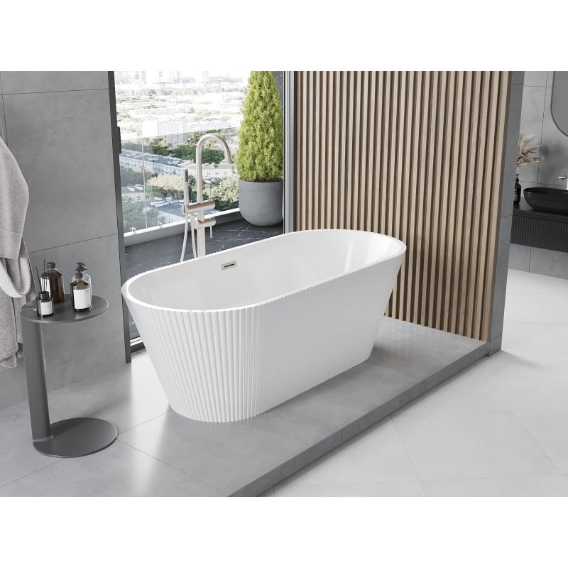 Mexen Yara freistehende, geriffelte Badewanne 170 x 75 cm, weiß, Überlauf gebürstetes Nickel - 52861707500-97